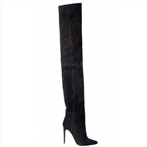 Balmain x H&M collab thigh high boots with red tortoise heel
